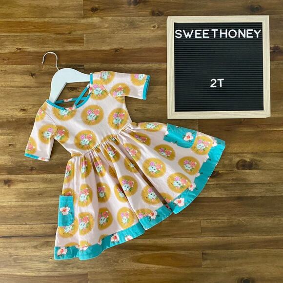SweetHoney Knit Flair Dress Sewing Class Pink Blue Gold Floral Short Sleeve 2T - Picture 1 of 9